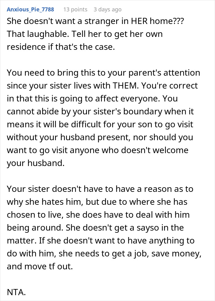 Comment discussing a woman forbidding BIL from talking to her, impacting nephew visits and family boundaries.