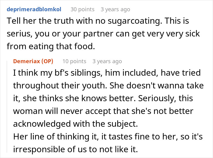 Screenshot of a Reddit conversation discussing cheap MIL feeding spoiled food and bullying her son and his girlfriend into eating it.