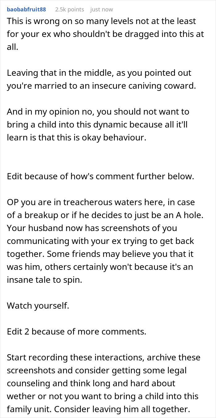 Comment discussing husband posing as pregnant wife messaging her ex as a loyalty test and relationship advice.