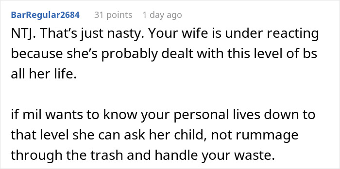 Comment discussing a mother-in-law being banned from visiting after secretly digging through trash revealing personal lives.