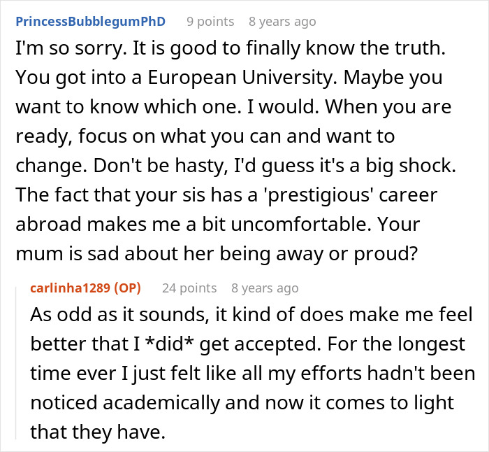 Reddit conversation showing a woman learning the truth about why she never got to study abroad and family feelings involved. Reddit conversation showing a woman learning the truth about why she never got to study abroad and family feelings involved.