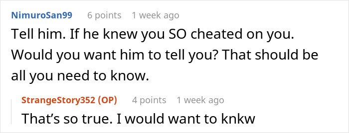 Screenshot of a Reddit conversation where a woman discusses exposing her best friend&rsquo;s affair to her boyfriend.
