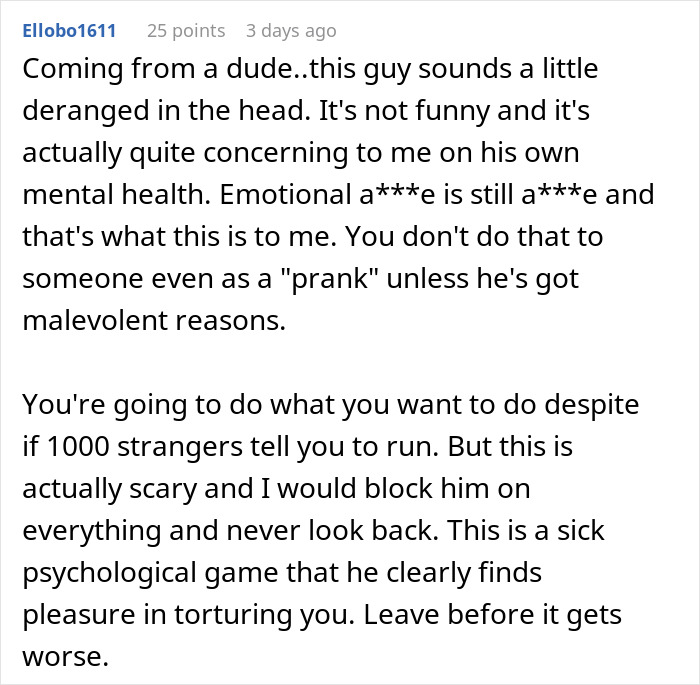 Comment expressing concern about a hidden device prank planted by boyfriend, highlighting emotional abuse and psychological games.