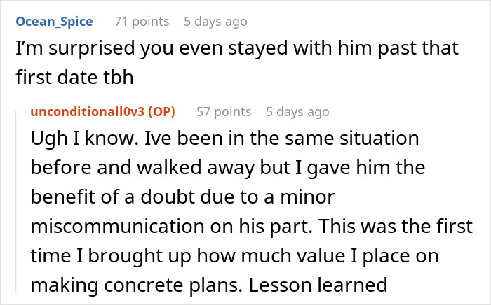 Online comments showing a girlfriend goes above and beyond preparing for boyfriend’s return, but he ditches plans last minute. Online comments showing a girlfriend goes above and beyond preparing for boyfriend’s return, but he ditches plans last minute.