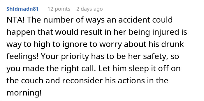 Comment discussing safety concerns leading a mom to ban her husband from the nursery and plan an exit strategy. Comment discussing safety concerns leading a mom to ban her husband from the nursery and plan an exit strategy.