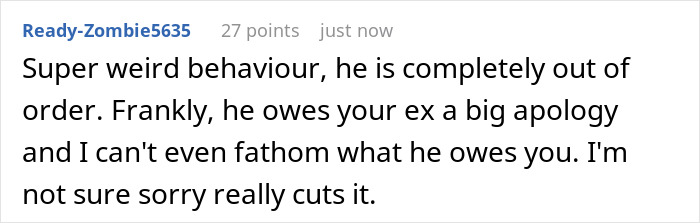 Screenshot of a Reddit comment discussing a husband posing as his pregnant wife to message her ex as a loyalty test.