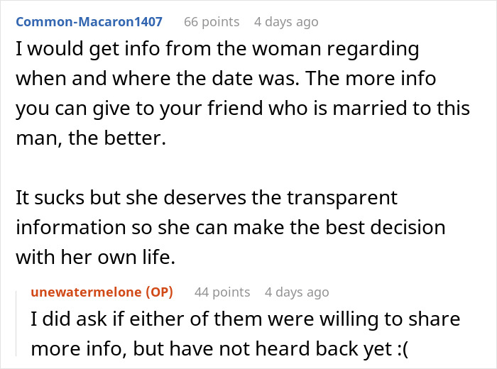 Screenshot of an online discussion about friends, husband, and dating the same guy, sharing advice on transparency.