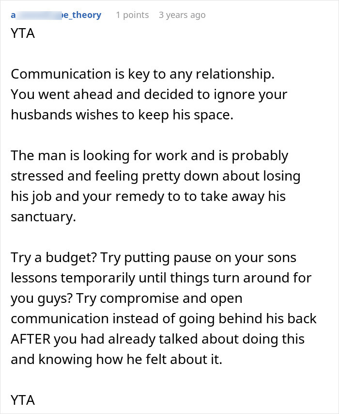 Comment text discussing a wife renting out her husband&rsquo;s man cave after he refuses to work or help out.