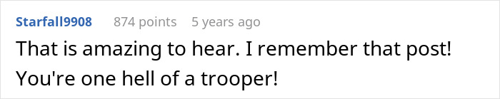 Comment text on a white background by Starfall9908 about a schizophrenic man prank hospital visit, with 874 points and posted 5 years ago.