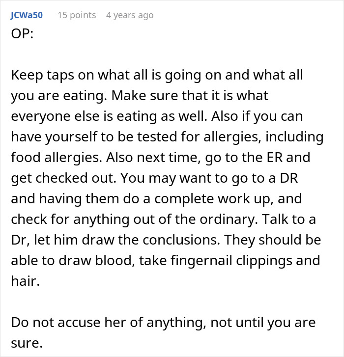 User advice on suspicious behavior and concerns about potential poisoning by mother-in-law shared in an online forum. User advice on suspicious behavior and concerns about potential poisoning by mother-in-law shared in an online forum.