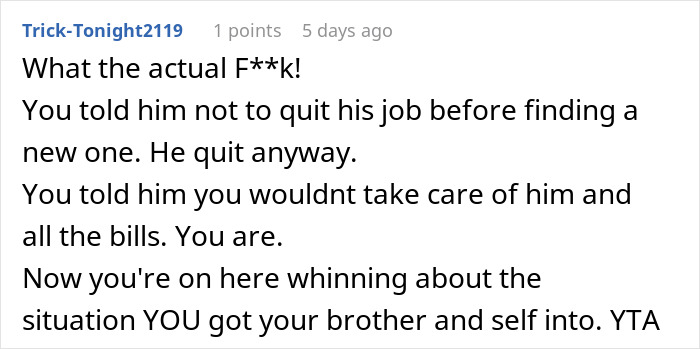 Screenshot of Reddit comment criticizing a lazy guy who quit his job and was called out by his girlfriend.