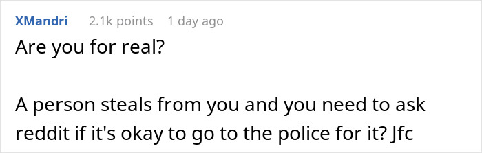 Screenshot of a Reddit comment questioning if it&rsquo;s okay to involve police after a friend steals a boyfriend&rsquo;s camera.