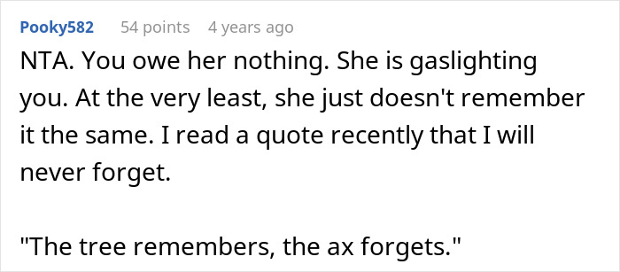 Screenshot of a Reddit comment discussing siblings refusing to take care of their mother and addressing emotional support issues.