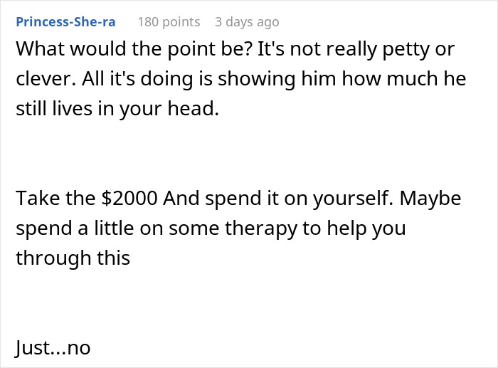 Reddit comment discussing advice on spending money and therapy after a man breaks up with girlfriend over cheese argument.