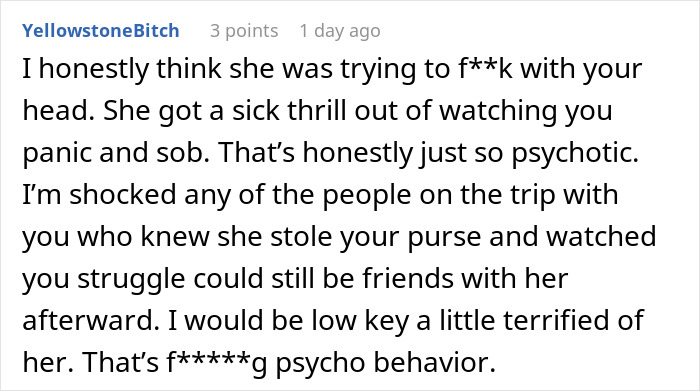 Screenshot of a Reddit comment describing shocking purse theft causing a woman to end a 15-year friendship.