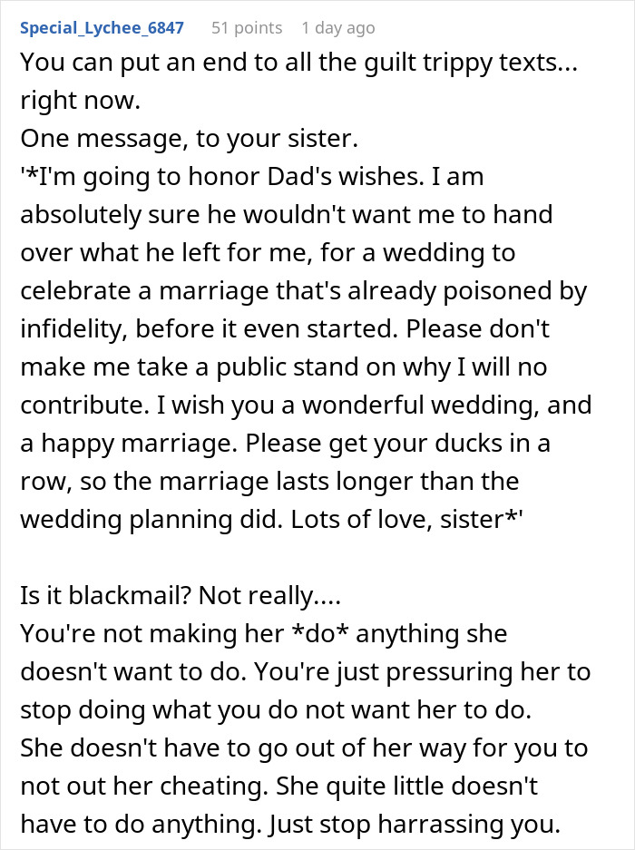 Alt text: Excerpt of a message where a woman uninvites sister from wedding over refusal to gift $30K for wedding expenses.