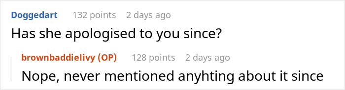 Screenshot of a Reddit conversation showing a discussion about sister-boyfriend relationship drama and unresolved apologies.