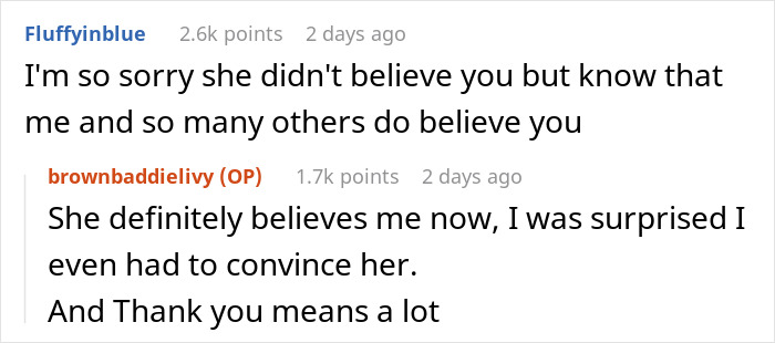 User comments discussing trust and belief in a sister-boyfriend relationship drama situation.