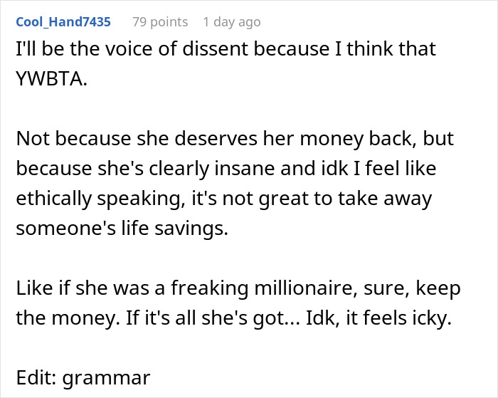 Text post from Cool_Hand7435 expressing concern about taking away someone's life savings despite disagreement.