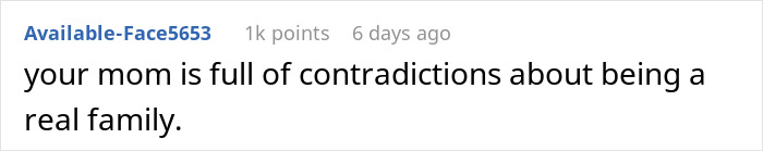 Comment on a forum discussing a son refusing family bonding, with a user criticizing the mother’s contradictions about family. Comment on a forum discussing a son refusing family bonding, with a user criticizing the mother’s contradictions about family.