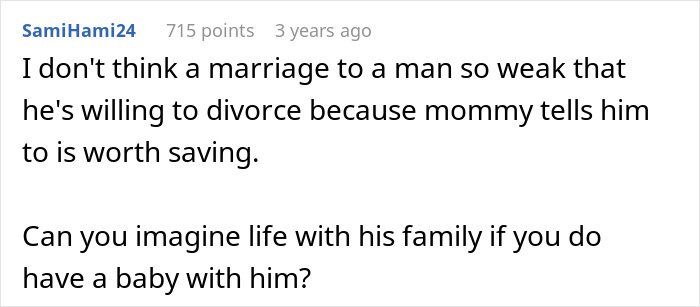 Comment expressing doubt about a husband getting anxious after marriage and asking for divorce during wife's IVF due to his mother's influence.