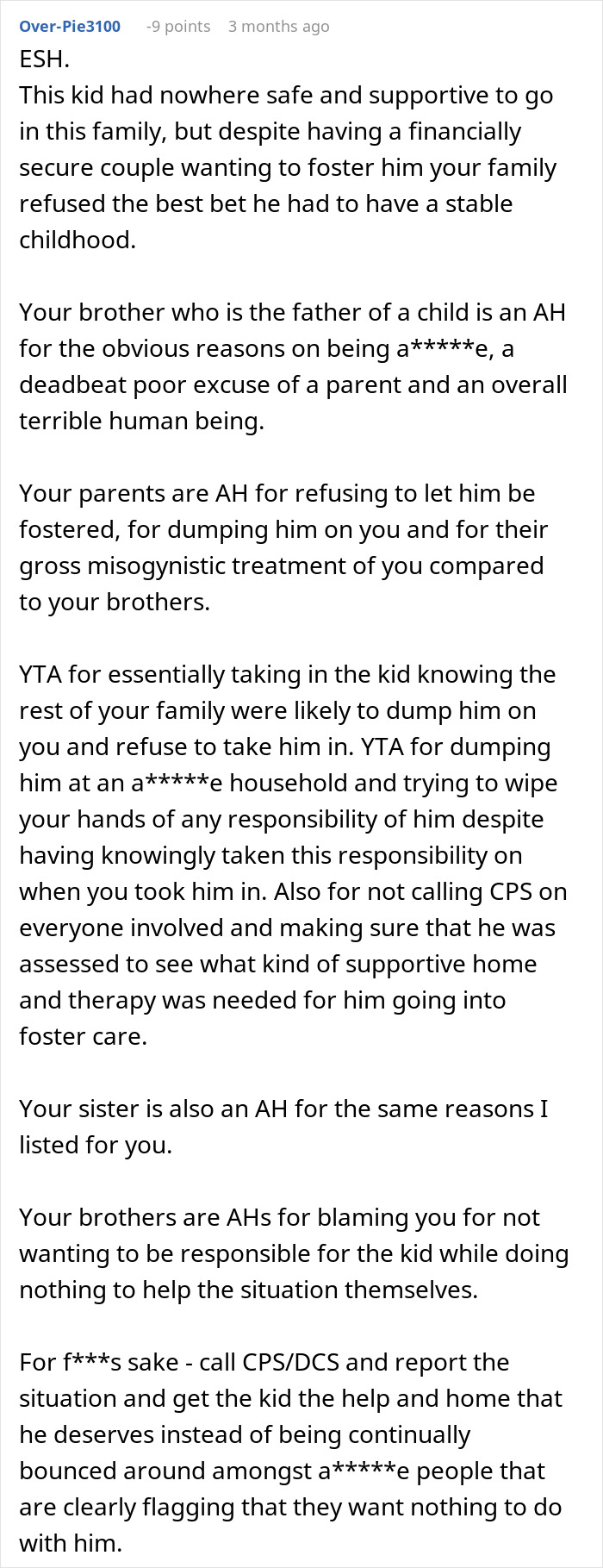 Comment discussing family conflict involving a single mom abandoning toddler and parents trying to restart life.