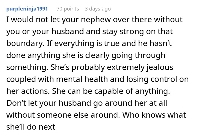 Comment discussing a woman forbidding her brother-in-law from talking to her despite seeing her nephew less, citing mental health concerns.
