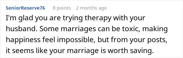 Comment text on a social media post discussing therapy and toxic marriages, highlighting marriage worth saving.