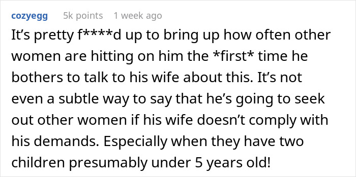 Comment discussing concerns about husband asking wife to change intimacy boundaries and predictions of divorce.