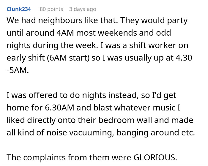 Screenshot of a user story describing petty revenge by blasting music at 6:30 a.m. after neighbor blasted music at 2 a.m.