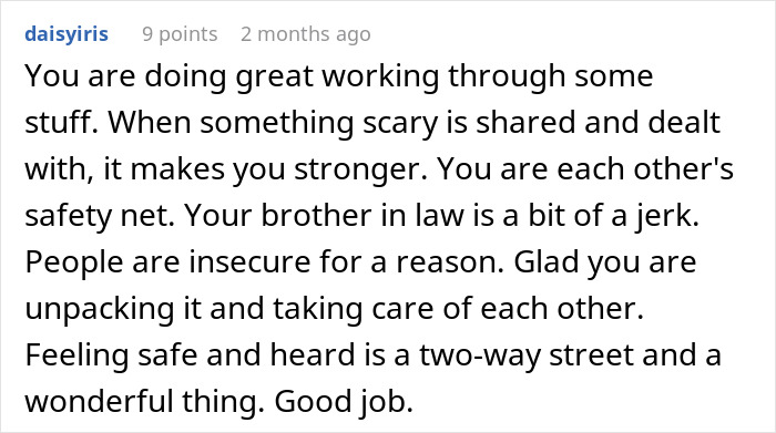 Comment praising emotional support and calling brother-in-law a jerk, related to man jokes about trading wife for younger woman.