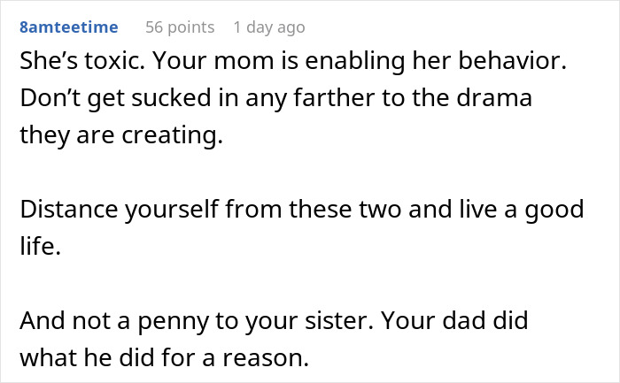 Comment advising to avoid wedding drama, distance from toxic sister refusing $30K gift demand, and live a good life.