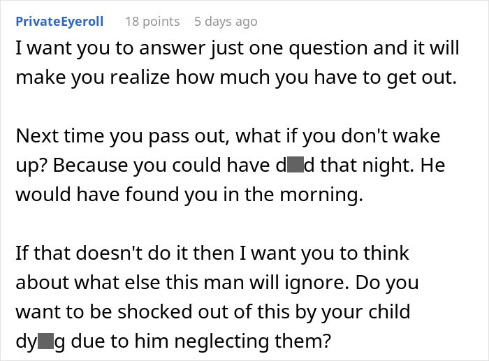 Comment warning about man stepping over passed out wife and ignoring her safety, urging awareness of neglect risks.