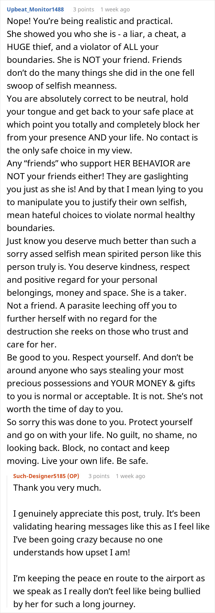 Online conversation about a woman ending a 15-year friendship after a purse incident involving trust and boundaries.