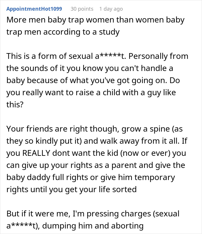 Comment discussing how men tampering with birth control is a form of sexual assault and advises pressing charges and leaving the relationship. Comment discussing how men tampering with birth control is a form of sexual assault and advises pressing charges and leaving the relationship.