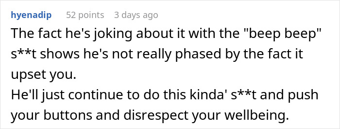 Screenshot of a Reddit comment discussing disrespect and emotional impact related to a hidden device prank by boyfriend.
