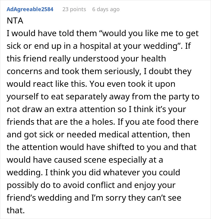 Text comment discussing drama when a couple can&rsquo;t accommodate a friend&rsquo;s diet at the wedding and consequences of bringing own food.