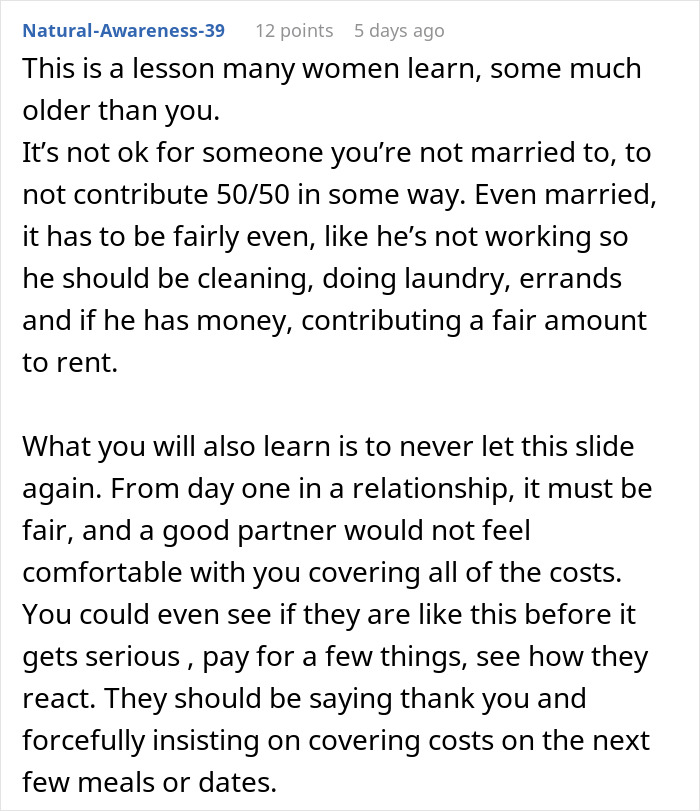 Screenshot of a Reddit discussion about fairness in relationships and sharing responsibilities when one partner is not working.