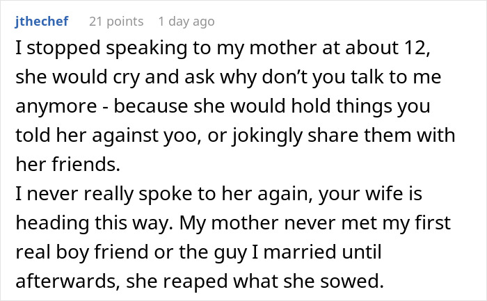 Comment explaining reasons for telling wife why daughter doesn&rsquo;t trust, highlighting broken communication with mother.