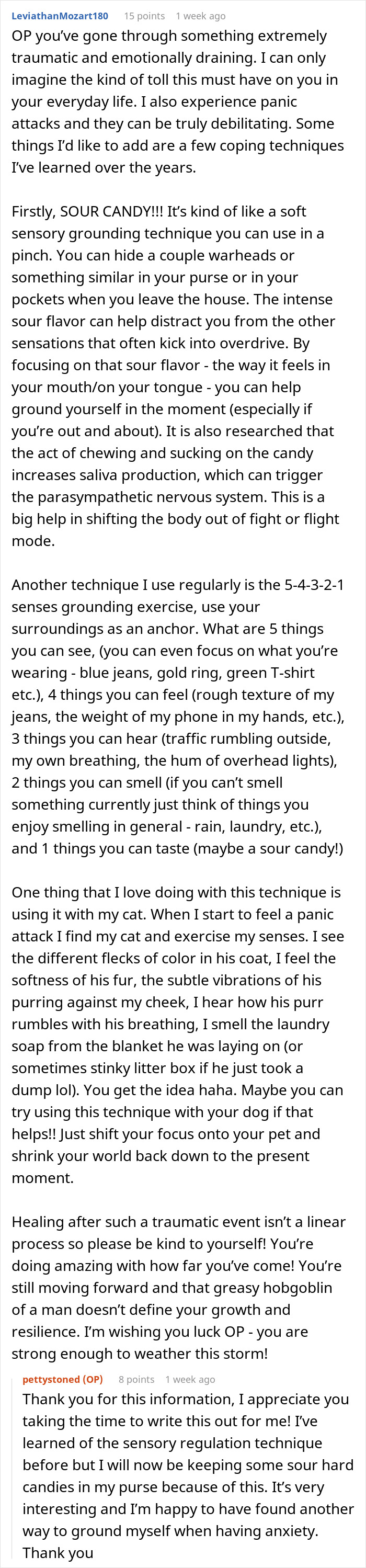 Text conversation discussing coping techniques for trauma and anxiety after a stalker customer found the home and rang the doorbell.