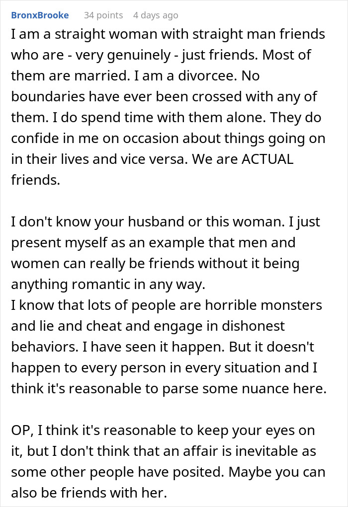 Alt text: Woman questions boundaries after husband runs with divorced mom, discussing friendship and trust issues in relationships.