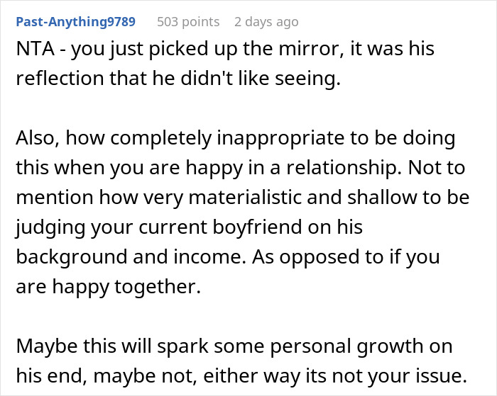 Reddit comment discussing inappropriate behavior of guy telling old friend to date him because he's tall, and her relationship.