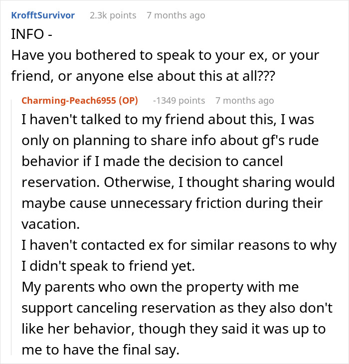 Online discussion showing woman&rsquo;s dilemma about canceling friend&rsquo;s holiday booking after bro&rsquo;s girlfriend harassment.
