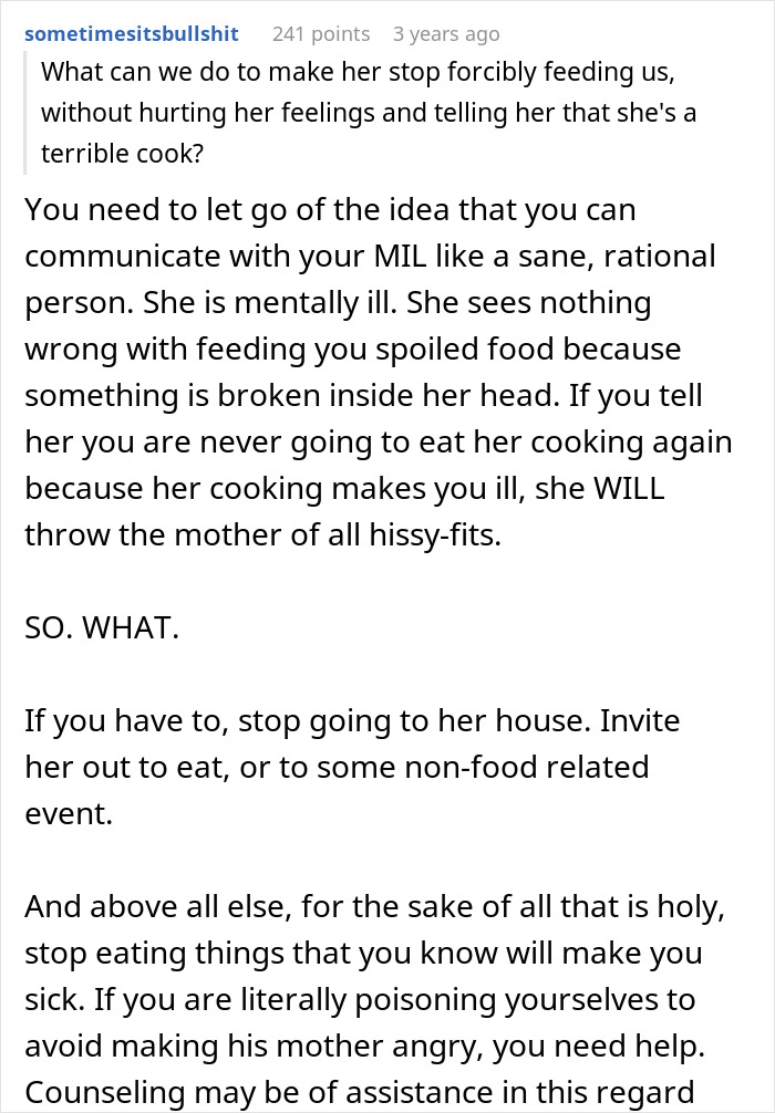Text discussing a cheap MIL who feeds spoiled food to son and his girlfriend, bullying them into eating it.