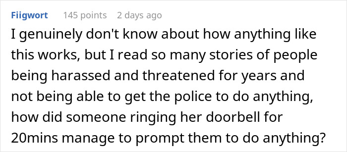 Comment discussing harassment stories and how a stalker customer found home and rang doorbell for 20 minutes.