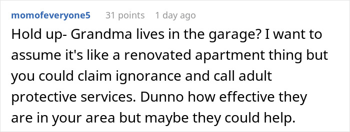 Reddit comment discussing a grandma living in a garage and concerns about adult protective services involvement.