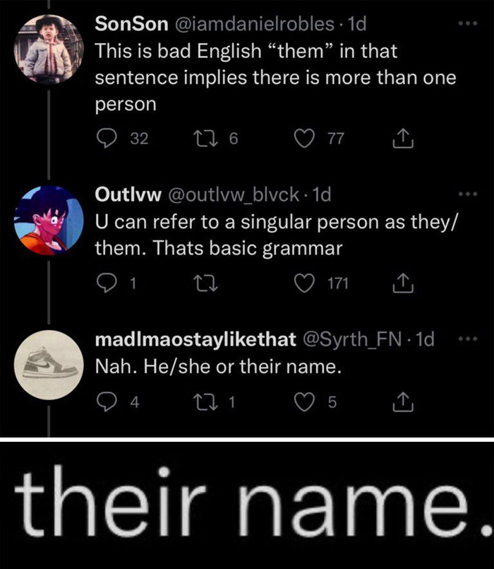 Twitter thread showing confident grammar corrections that highlight people being embarrassingly wrong in language use debates.