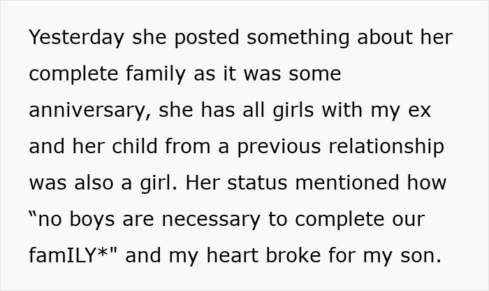 Text excerpt about a mom bragging online about having all girls while husband’s abandoned son is mentioned. Text excerpt about a mom bragging online about having all girls while husband’s abandoned son is mentioned.