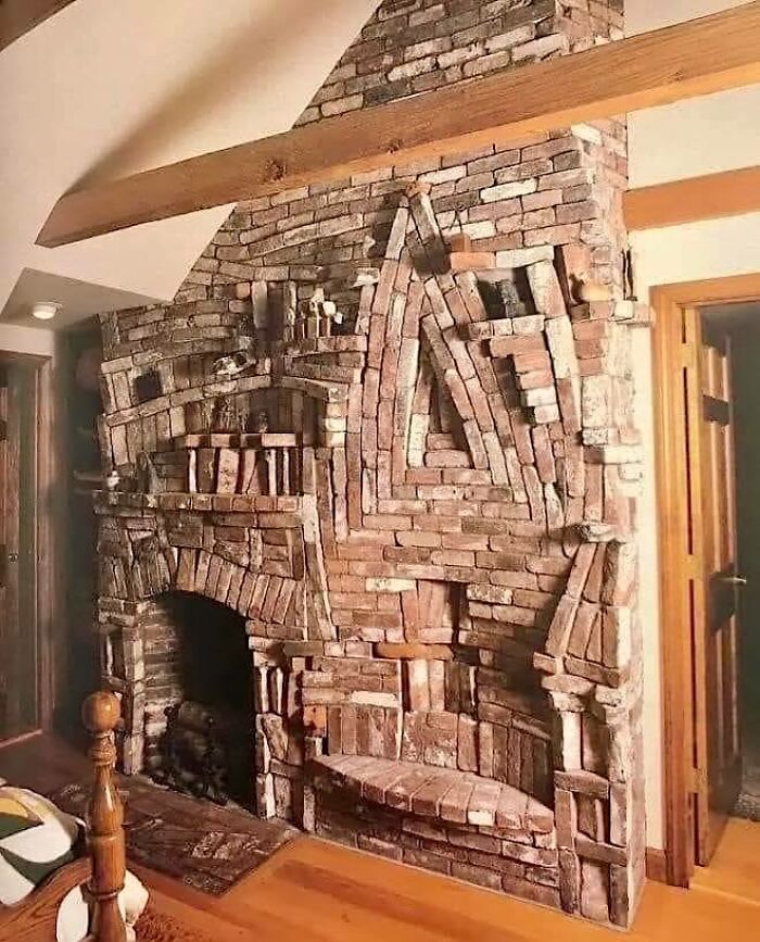 Unusual brick construction and design with irregular patterns and shapes, showcasing a confusing and chaotic build style.