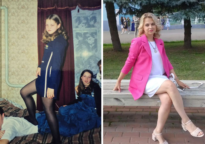 Side-by-side photos showing iconic youth photos of a woman and a modern-day portrait in a park setting.